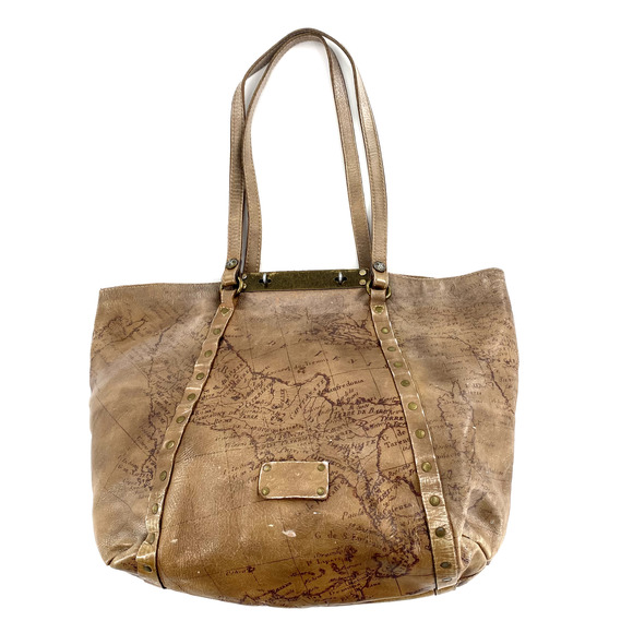 Patricia Nash Benvenuto Tote Signature Map Brown Leather Antique Brass Hardware - Picture 1 of 14